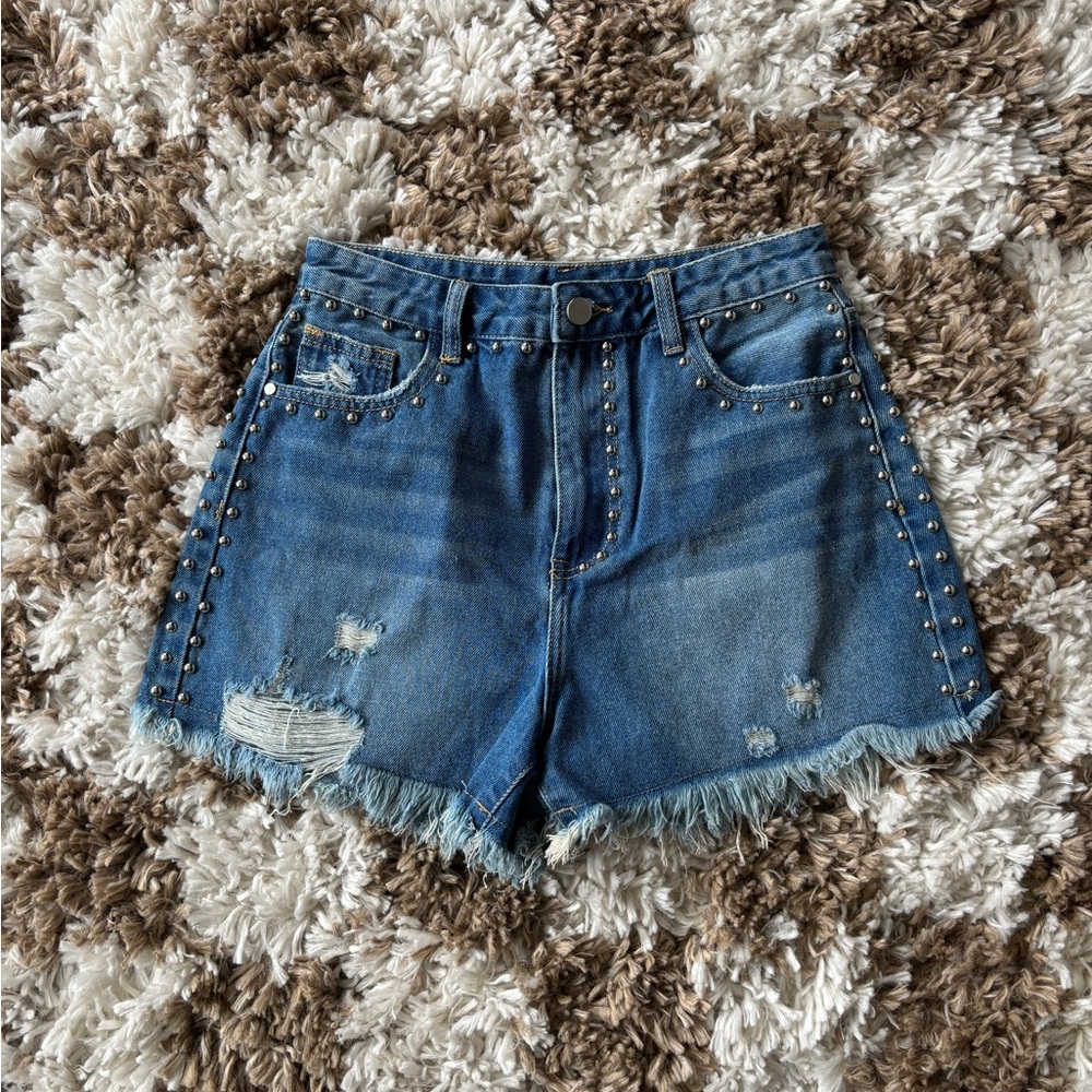 Studded Blue Denim Shorts
